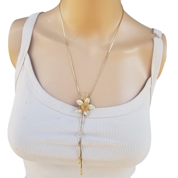 VINTAGE GOLDTONE & ROSE LARIAT NECKLACE - Picture 2 of 7